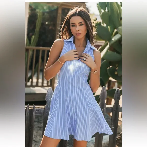 Lulus blue striped collared skater mini dress. Size large - Picture 2 of 5